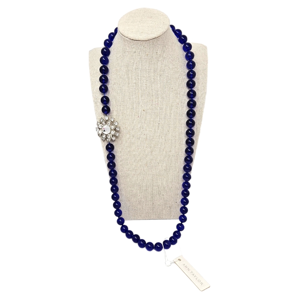 Ann Taylor Blue Glass Knotted Bead Necklace NEW Rhinestone Pendant Accent READ